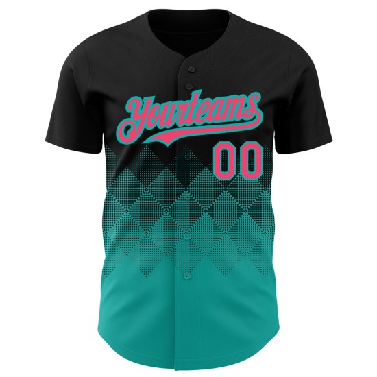Maillot de baseball dégradé rose-aqua, design néon 3D personnalisé, formes noires authentiques carrées Maillot de baseball dégradé rose-aqua, design néon 3D personnalisé, formes noires authentiques carrées