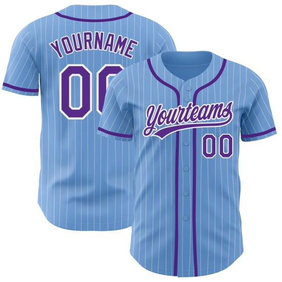 Maillot de baseball bleu, violet et blanc, personnalisé, authentique, à fines rayures claires Maillot de baseball bleu, violet et blanc, personnalisé, authentique, à fines rayures claires