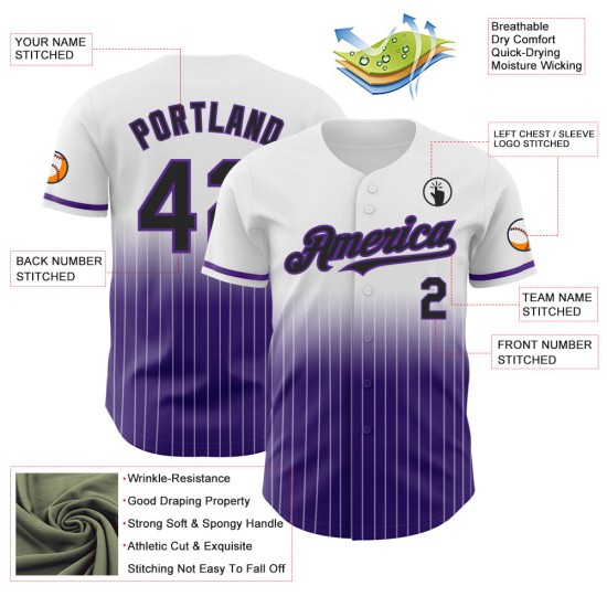 Maillot de baseball authentique noir-violet blanc à rayures fines, tendance et personnalisé Maillot de baseball authentique noir-violet blanc à rayures fines, tendance et personnalisé