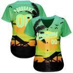 Maillot de baseball vert personnalisé authentique noir et blanc à motif coucher de soleil hawaïen et motif palmier 3D Pea Beach Maillot de baseball vert personnalisé authentique noir et blanc à motif coucher de soleil hawaïen et motif palmier 3D Pea Beach