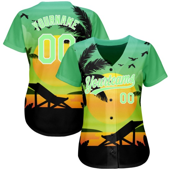 Maillot de baseball vert personnalisé authentique noir et blanc à motif coucher de soleil hawaïen et motif palmier 3D Pea Beach Maillot de baseball vert personnalisé authentique noir et blanc à motif coucher de soleil hawaïen et motif palmier 3D Pea Beach
