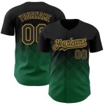 Maillot de baseball 3D dégradé noir vert Kelly - ancien design doré, motif carré personnalisé, formes authentiques Maillot de baseball 3D dégradé noir vert Kelly - ancien design doré, motif carré personnalisé, formes authentiques