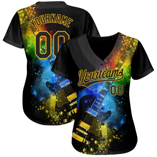Or Design Baseball Authentique Festival Personnalisé Guitare Musique Couleurs Avec Jersey Psychédélique Noir Motif 3D Or Design Baseball Authentique Festival Personnalisé Guitare Musique Couleurs Avec Jersey Psychédélique Noir Motif 3D