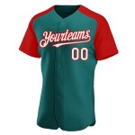 Maillot de baseball authentique à manches raglan blanc-rouge et bleu sarcelle Maillot de baseball authentique à manches raglan blanc-rouge et bleu sarcelle