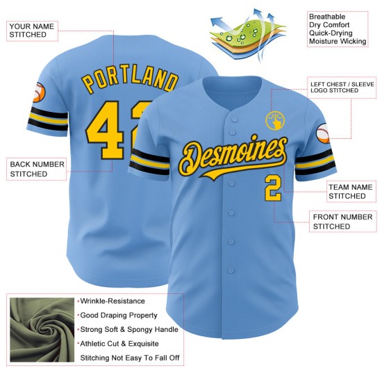 Maillot de baseball léger personnalisé jaune-noir bleu authentique Maillot de baseball léger personnalisé jaune-noir bleu authentique