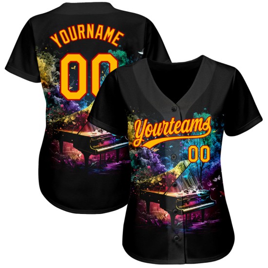 Maillot de baseball 3D personnalisé coloré avec motif noir authentique, motif piano fumé, motif doré et rouge Maillot de baseball 3D personnalisé coloré avec motif noir authentique, motif piano fumé, motif doré et rouge