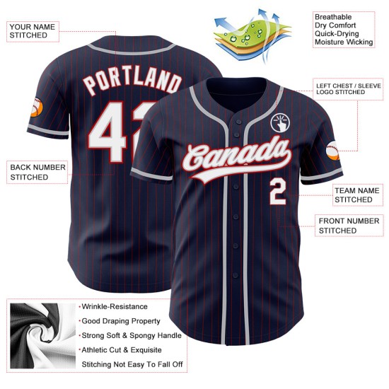 Maillot de baseball authentique à rayures rouges, bleu marine, blanc et gris Maillot de baseball authentique à rayures rouges, bleu marine, blanc et gris