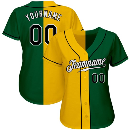 Maillot de baseball fendu Kelly Fashion authentique vert noir-jaune personnalisé Maillot de baseball fendu Kelly Fashion authentique vert noir-jaune personnalisé