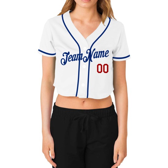 Maillot de baseball blanc à col en V pour femme, coupe courte, rouge royal, sur mesure Maillot de baseball blanc à col en V pour femme, coupe courte, rouge royal, sur mesure