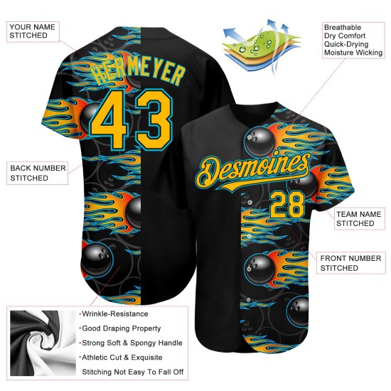 Boule de bowling bleue Gold-Lakes avec motif flamme Hotrod, maillot noir, authentique, 3D, personnalisée
