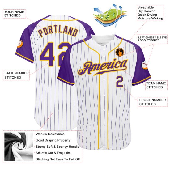 Maillot de baseball à manches raglan authentique, blanc, personnalisé, violet et doré, à fines rayures Maillot de baseball à manches raglan authentique, blanc, personnalisé, violet et doré, à fines rayures