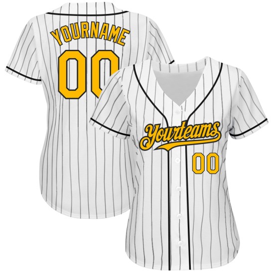 Maillot de baseball blanc, doré, à fines rayures noires, personnalisé et authentique Maillot de baseball blanc, doré, à fines rayures noires, personnalisé et authentique