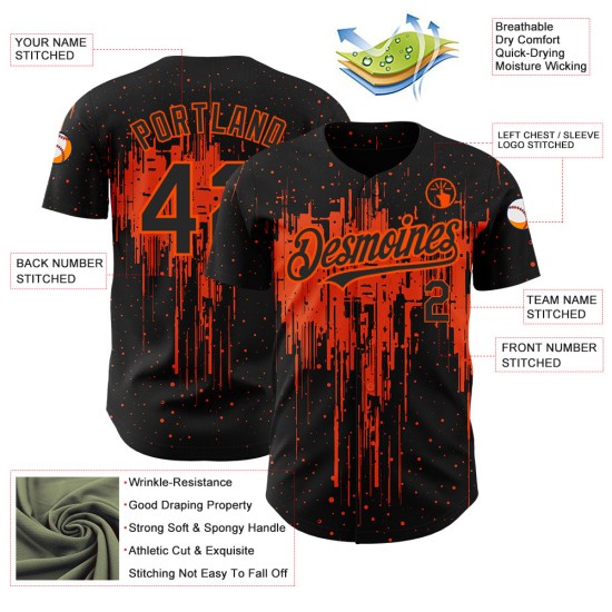 Maillot de baseball orange et noir avec motif éclaboussures 3D dégoulinant, design artistique authentique et personnalisé Maillot de baseball orange et noir avec motif éclaboussures 3D dégoulinant, design artistique authentique et personnalisé