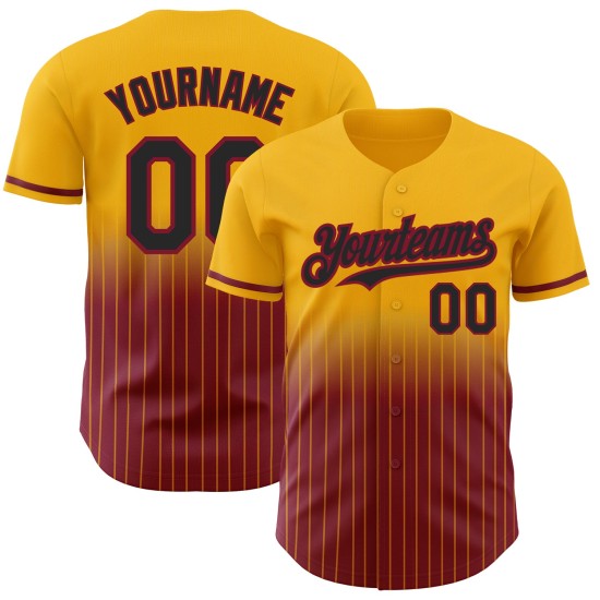Maillot de baseball personnalisé Fade authentique noir-cramoisi à rayures fines dorées Maillot de baseball personnalisé Fade authentique noir-cramoisi à rayures fines dorées