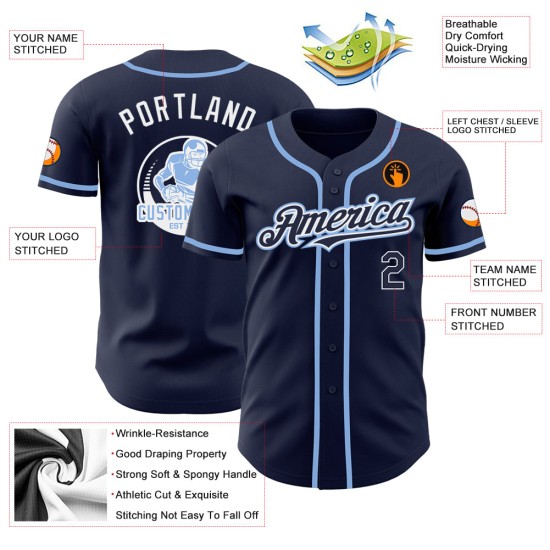 Maillot de baseball bleu marine authentique personnalisé, blanc et clair Maillot de baseball bleu marine authentique personnalisé, blanc et clair