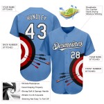 Maillot de baseball 3D à motif authentique blanc-noir avec panneau lumineux bleu Maillot de baseball 3D à motif authentique blanc-noir avec panneau lumineux bleu