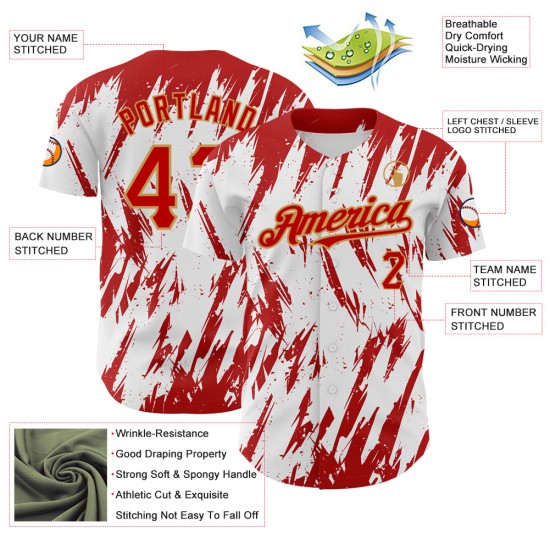 Maillot de baseball abstrait 3D, motif de forme personnalisé, blanc, authentique, or, rouge, ancien, pointu Maillot de baseball abstrait 3D, motif de forme personnalisé, blanc, authentique, or, rouge, ancien, pointu