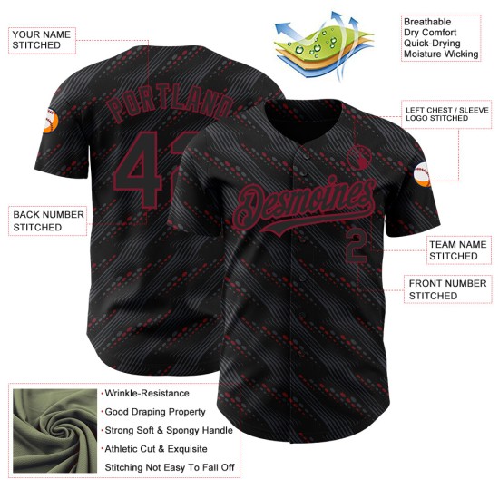 Maillot de baseball noir cramoisi 3D, motif authentique, lignes, personnalisé Maillot de baseball noir cramoisi 3D, motif authentique, lignes, personnalisé