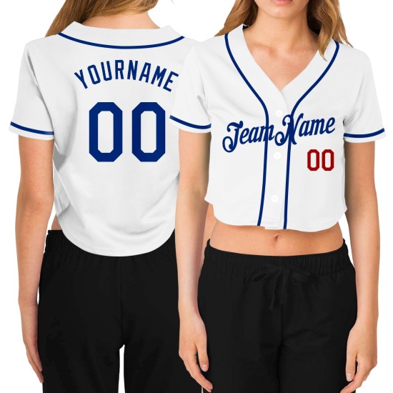 Maillot de baseball blanc à col en V pour femme, coupe courte, rouge royal, sur mesure Maillot de baseball blanc à col en V pour femme, coupe courte, rouge royal, sur mesure