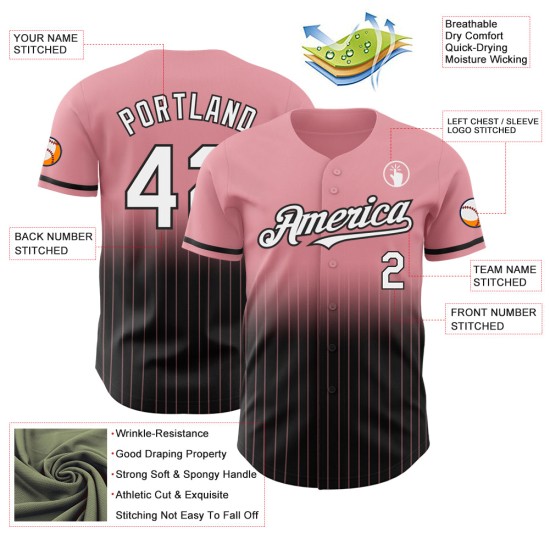 Maillot de baseball rose tendance à rayures fines, dégradé personnalisé, taille moyenne, blanc et noir Maillot de baseball rose tendance à rayures fines, dégradé personnalisé, taille moyenne, blanc et noir
