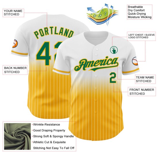 Maillot de baseball Kelly authentique à rayures fines, blanc, tendance, vert et or Maillot de baseball Kelly authentique à rayures fines, blanc, tendance, vert et or