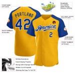 Maillot de baseball personnalisé Gold Authentic à manches raglan bleu royal et blanc Maillot de baseball personnalisé Gold Authentic à manches raglan bleu royal et blanc