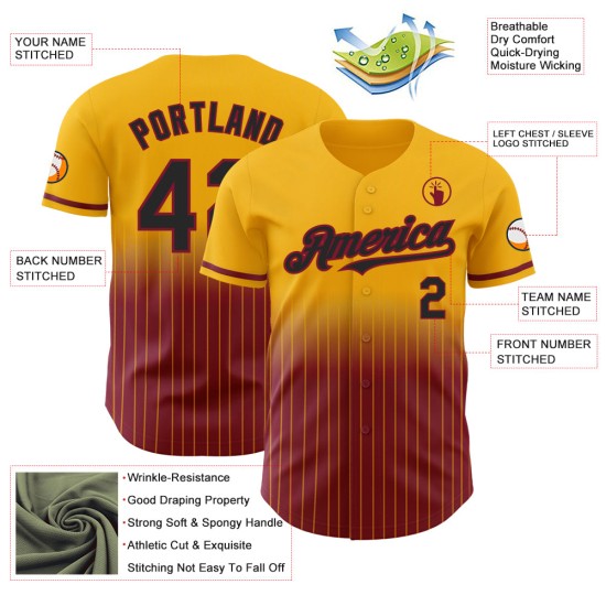 Maillot de baseball personnalisé Fade authentique noir-cramoisi à rayures fines dorées Maillot de baseball personnalisé Fade authentique noir-cramoisi à rayures fines dorées