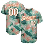 Motif de feuilles personnalisées en jersey authentique de baseball, motif de fleurs 3D blanc-orange et bleu sarcelle Motif de feuilles personnalisées en jersey authentique de baseball, motif de fleurs 3D blanc-orange et bleu sarcelle