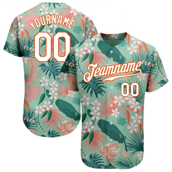 Motif de feuilles personnalisées en jersey authentique de baseball, motif de fleurs 3D blanc-orange et bleu sarcelle Motif de feuilles personnalisées en jersey authentique de baseball, motif de fleurs 3D blanc-orange et bleu sarcelle