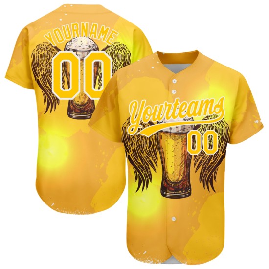 Maillot de baseball 3D jaune, motif authentique personnalisé, blanc, bière Maillot de baseball 3D jaune, motif authentique personnalisé, blanc, bière