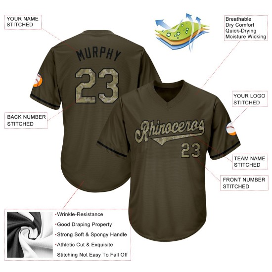 Maillot de baseball authentique personnalisé camouflage-noir rétro Service To Rib-Knit Salute Olive Maillot de baseball authentique personnalisé camouflage-noir rétro Service To Rib-Knit Salute Olive
