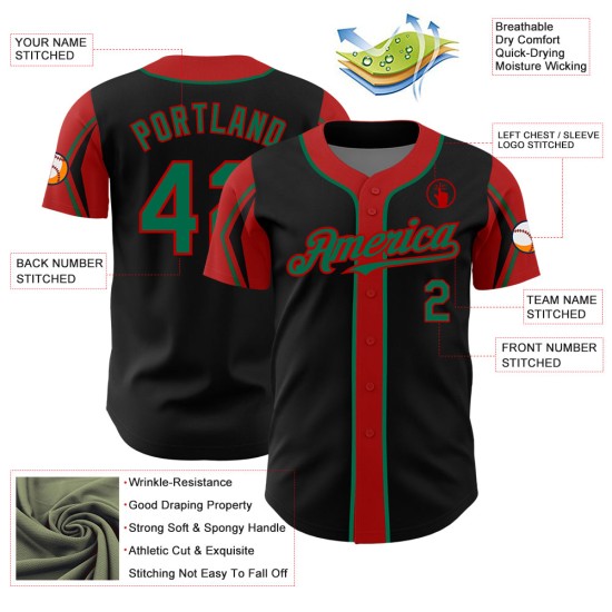 Maillot de baseball authentique Kelly noir, 3 couleurs, vert et rouge Maillot de baseball authentique Kelly noir, 3 couleurs, vert et rouge