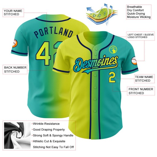Maillot de baseball authentique dégradé fluo jaune-bleu marine personnalisé Aqua Maillot de baseball authentique dégradé fluo jaune-bleu marine personnalisé Aqua