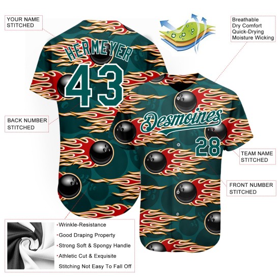 Maillot de baseball Hotrod Flame au design 3D authentique et personnalisé, motif boule verte, bowling, blanc minuit Maillot de baseball Hotrod Flame au design 3D authentique et personnalisé, motif boule verte, bowling, blanc minuit