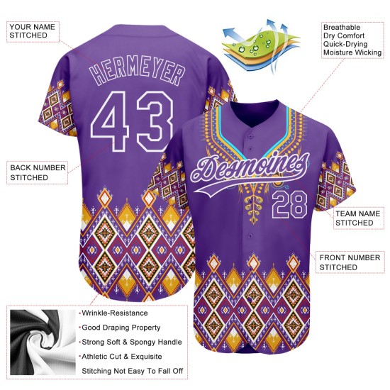Maillot de baseball africain 3D authentique, motif personnalisé violet et blanc, style ethnique traditionnel Maillot de baseball africain 3D authentique, motif personnalisé violet et blanc, style ethnique traditionnel
