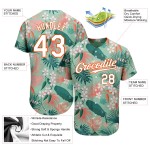 Motif de feuilles personnalisées en jersey authentique de baseball, motif de fleurs 3D blanc-orange et bleu sarcelle Motif de feuilles personnalisées en jersey authentique de baseball, motif de fleurs 3D blanc-orange et bleu sarcelle
