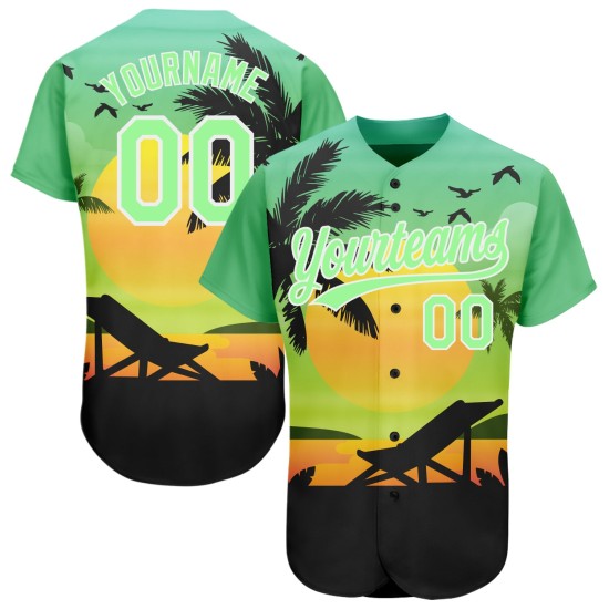 Maillot de baseball vert personnalisé authentique noir et blanc à motif coucher de soleil hawaïen et motif palmier 3D Pea Beach Maillot de baseball vert personnalisé authentique noir et blanc à motif coucher de soleil hawaïen et motif palmier 3D Pea Beach