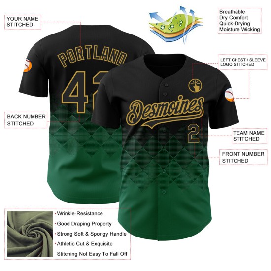 Maillot de baseball 3D dégradé noir vert Kelly - ancien design doré, motif carré personnalisé, formes authentiques Maillot de baseball 3D dégradé noir vert Kelly - ancien design doré, motif carré personnalisé, formes authentiques
