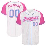 Maillot de baseball personnalisé à rayures blanches et bleues, manches raglan rose clair Maillot de baseball personnalisé à rayures blanches et bleues, manches raglan rose clair