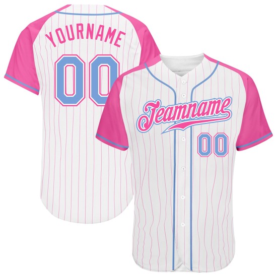 Maillot de baseball personnalisé à rayures blanches et bleues, manches raglan rose clair Maillot de baseball personnalisé à rayures blanches et bleues, manches raglan rose clair