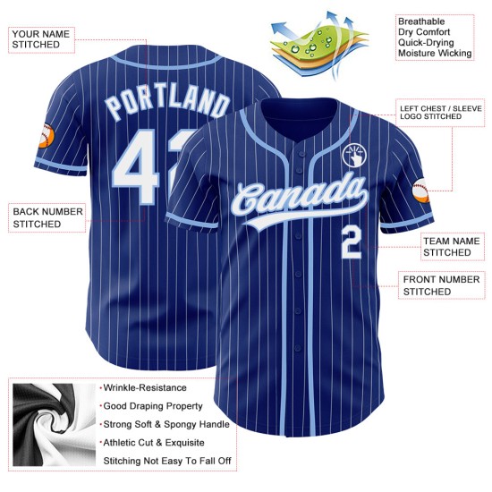 Maillot de baseball Royal Light à rayures fines, blanc et bleu, personnalisé Maillot de baseball Royal Light à rayures fines, blanc et bleu, personnalisé