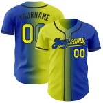 Maillot de baseball bleu fluo dégradé jaune-noir Thunder personnalisé et authentique Maillot de baseball bleu fluo dégradé jaune-noir Thunder personnalisé et authentique