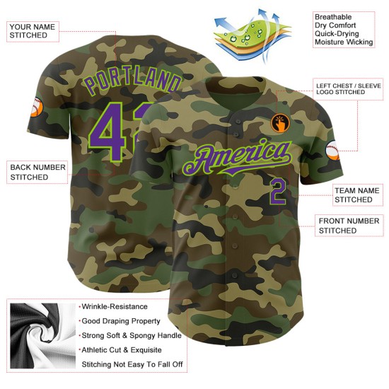 Maillot de service vert authentique camouflage violet-néon de baseball pour saluer la coutume Maillot de service vert authentique camouflage violet-néon de baseball pour saluer la coutume