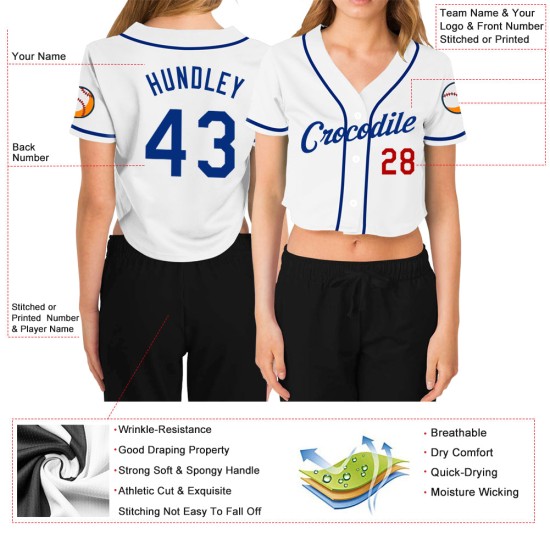Maillot de baseball blanc à col en V pour femme, coupe courte, rouge royal, sur mesure Maillot de baseball blanc à col en V pour femme, coupe courte, rouge royal, sur mesure