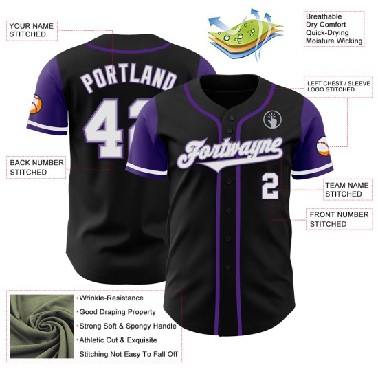 Maillot de baseball authentique, deux tons blanc-violet, noir, personnalisé Maillot de baseball authentique, deux tons blanc-violet, noir, personnalisé