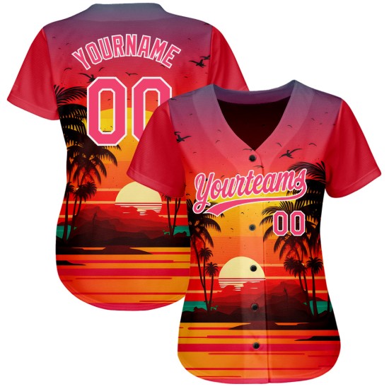 Maillot personnalisé Neon Beach Trees Hawaii White Palm, lever de soleil authentique et motif 3D rose de baseball Maillot personnalisé Neon Beach Trees Hawaii White Palm, lever de soleil authentique et motif 3D rose de baseball