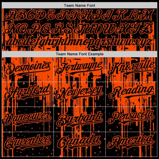Maillot de baseball orange et noir avec motif éclaboussures 3D dégoulinant, design artistique authentique et personnalisé Maillot de baseball orange et noir avec motif éclaboussures 3D dégoulinant, design artistique authentique et personnalisé