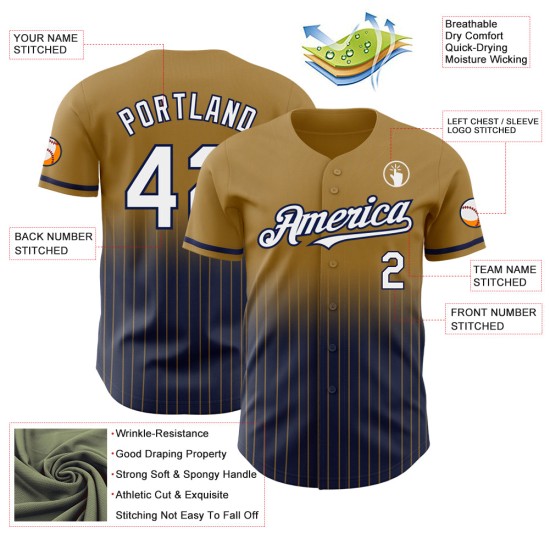 Maillot de baseball personnalisé authentique à rayures fines, dégradé, blanc et bleu marine, style ancien Maillot de baseball personnalisé authentique à rayures fines, dégradé, blanc et bleu marine, style ancien