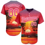 Maillot personnalisé Neon Beach Trees Hawaii White Palm, lever de soleil authentique et motif 3D rose de baseball Maillot personnalisé Neon Beach Trees Hawaii White Palm, lever de soleil authentique et motif 3D rose de baseball