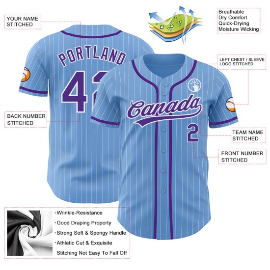 Maillot de baseball bleu, violet et blanc, personnalisé, authentique, à fines rayures claires Maillot de baseball bleu, violet et blanc, personnalisé, authentique, à fines rayures claires